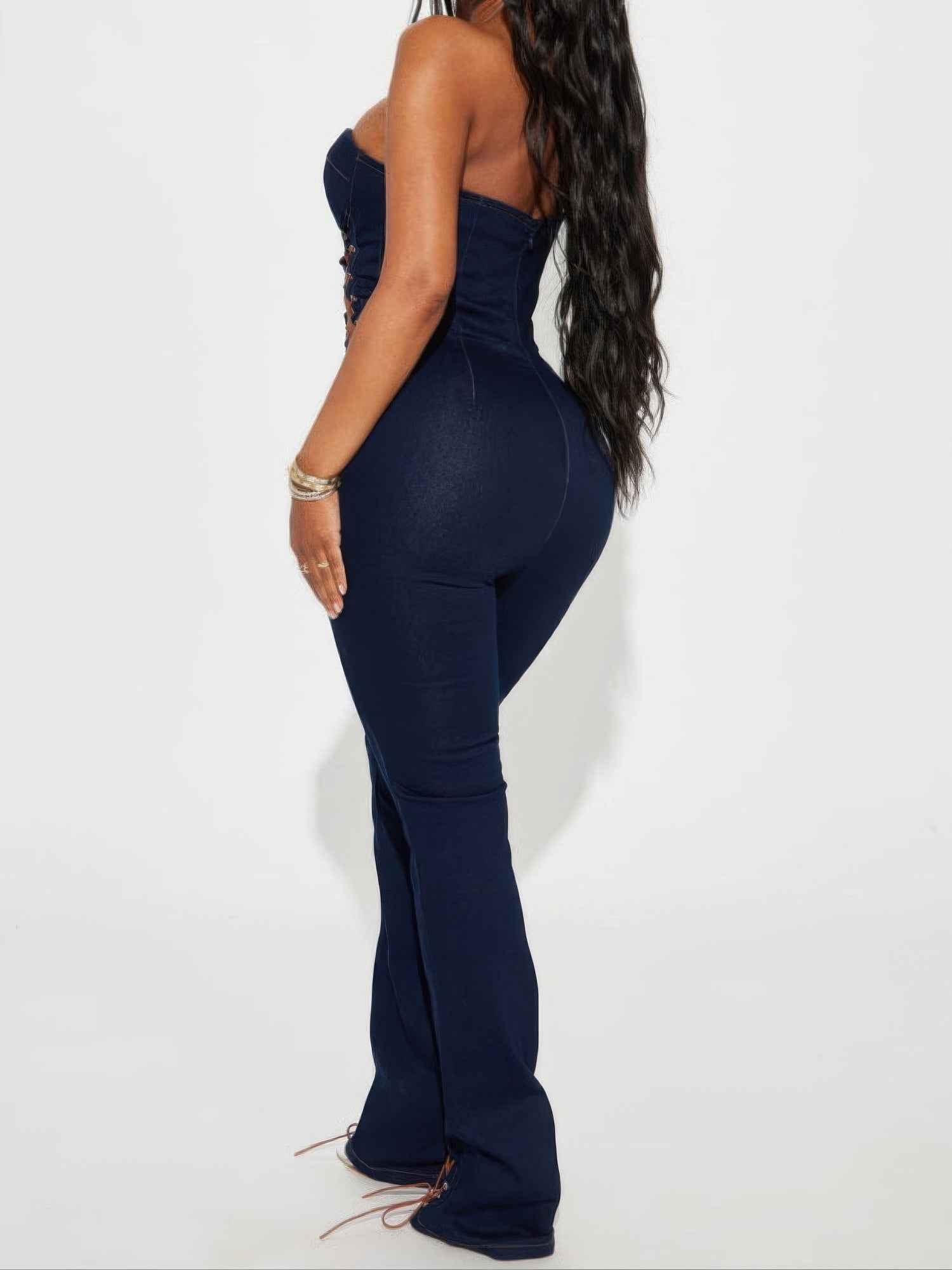 Lace Up Detail Denim Jumpsuit - Mr Lou’s Place