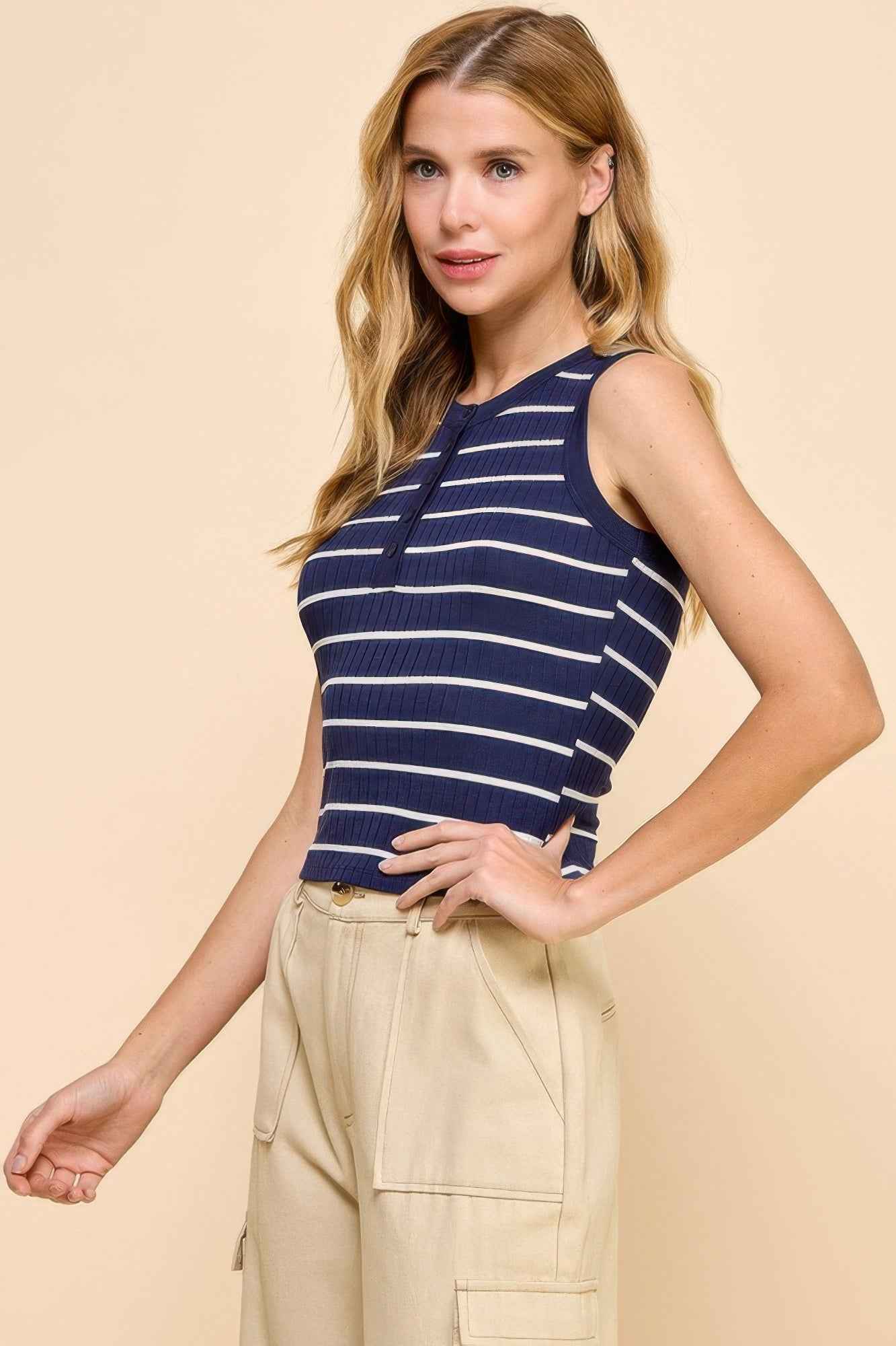 Button Detail Contrast Binding Stripe Tank Top - Mr Lou’s Place