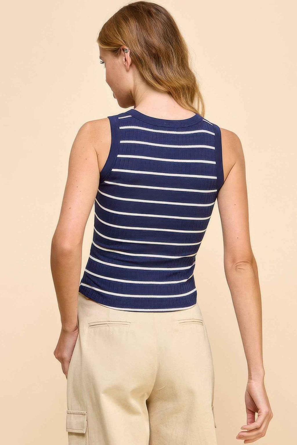 Button Detail Contrast Binding Stripe Tank Top - Mr Lou’s Place