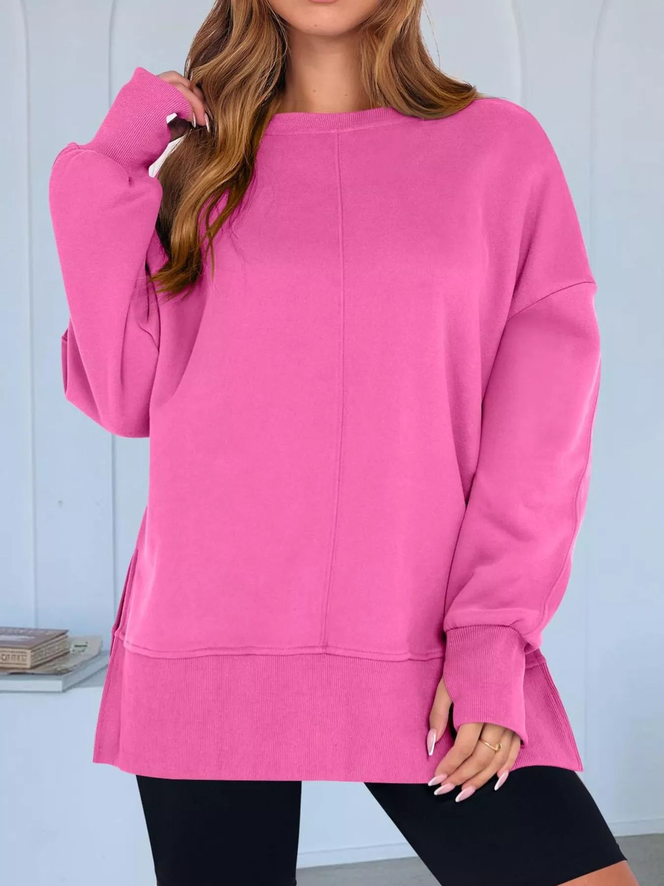 Side Slit Round Neck Long Sleeve Sweatshirt - Mr Lou’s Place
