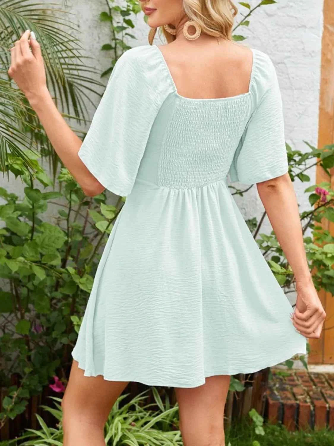 Smocked Back Knotted Flutter Sleeve Dress