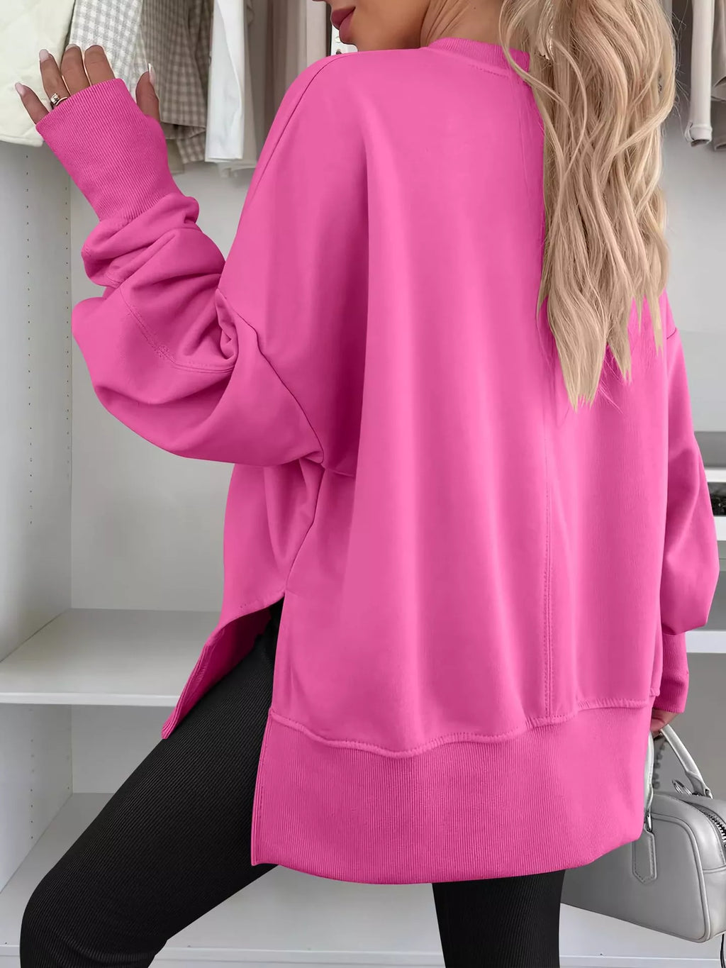 Side Slit Round Neck Long Sleeve Sweatshirt - Mr Lou’s Place