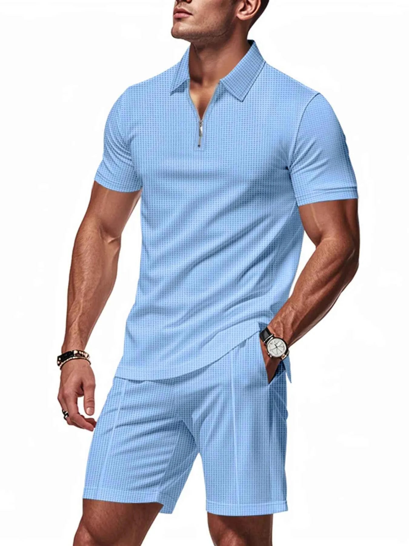 Men's Plus Size Quarter Zip Short Sleeve Top and Shorts Set - Mr Lou’s Place