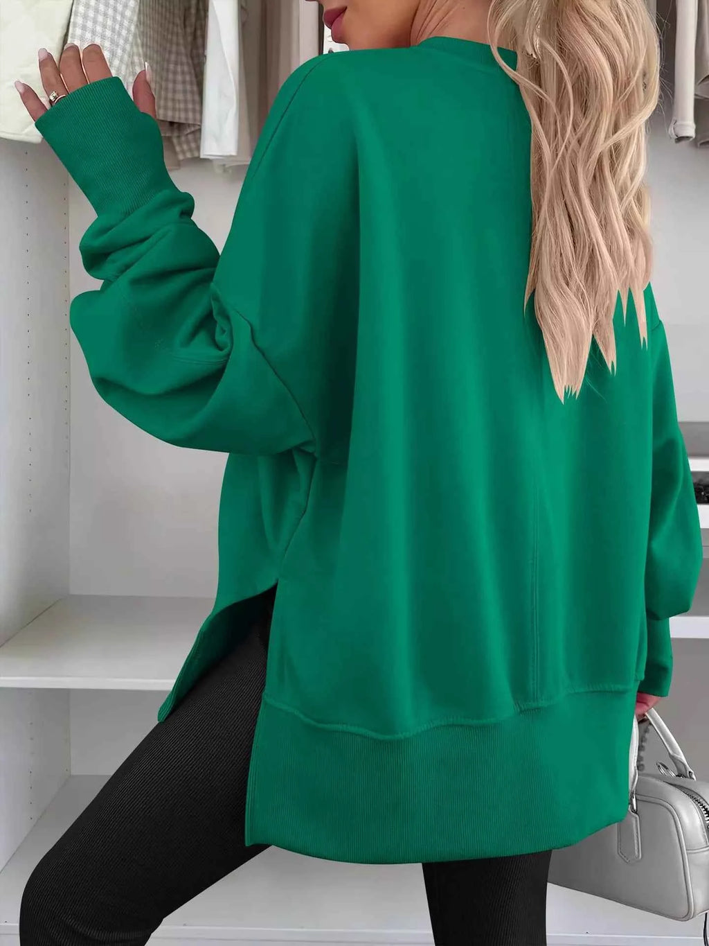 Side Slit Round Neck Long Sleeve Sweatshirt - Mr Lou’s Place