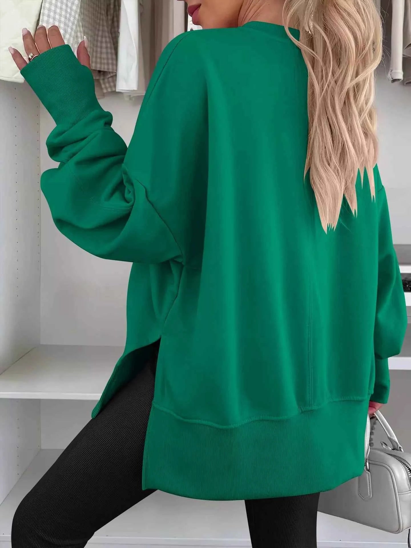 Side Slit Round Neck Long Sleeve Sweatshirt - Mr Lou’s Place