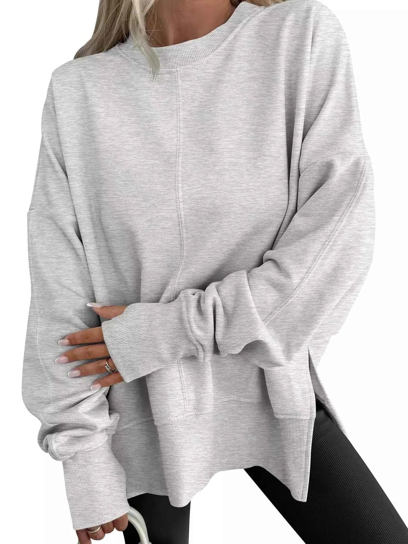Side Slit Round Neck Long Sleeve Sweatshirt - Mr Lou’s Place
