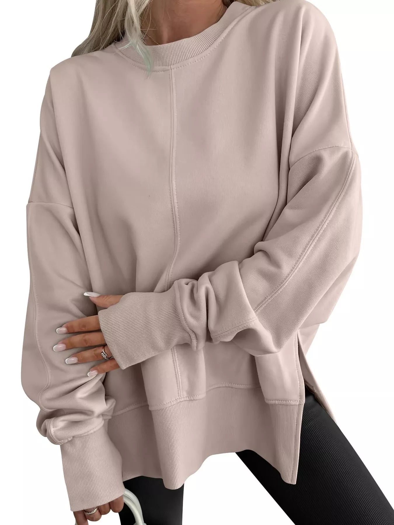Side Slit Round Neck Long Sleeve Sweatshirt - Mr Lou’s Place
