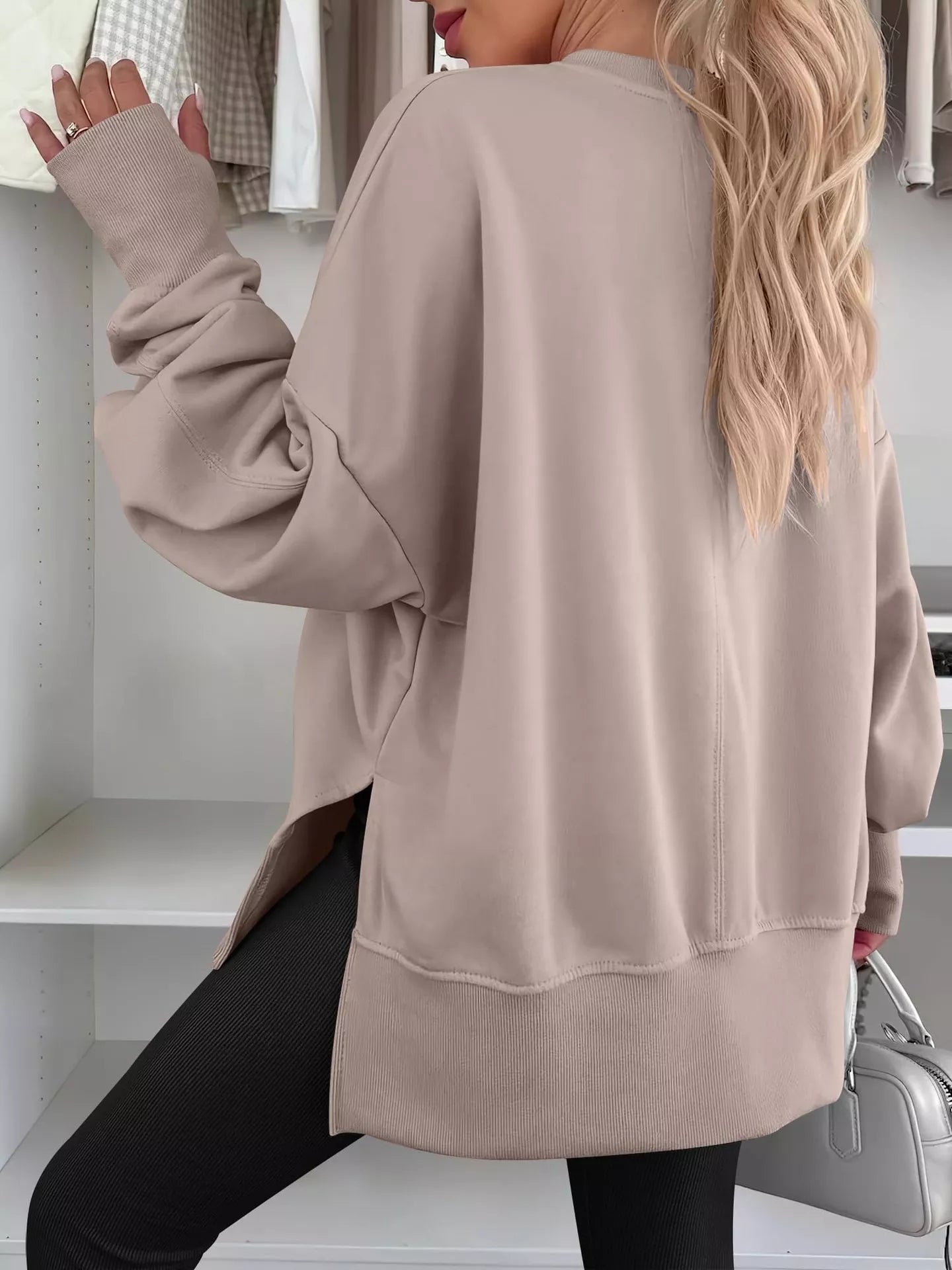 Side Slit Round Neck Long Sleeve Sweatshirt - Mr Lou’s Place