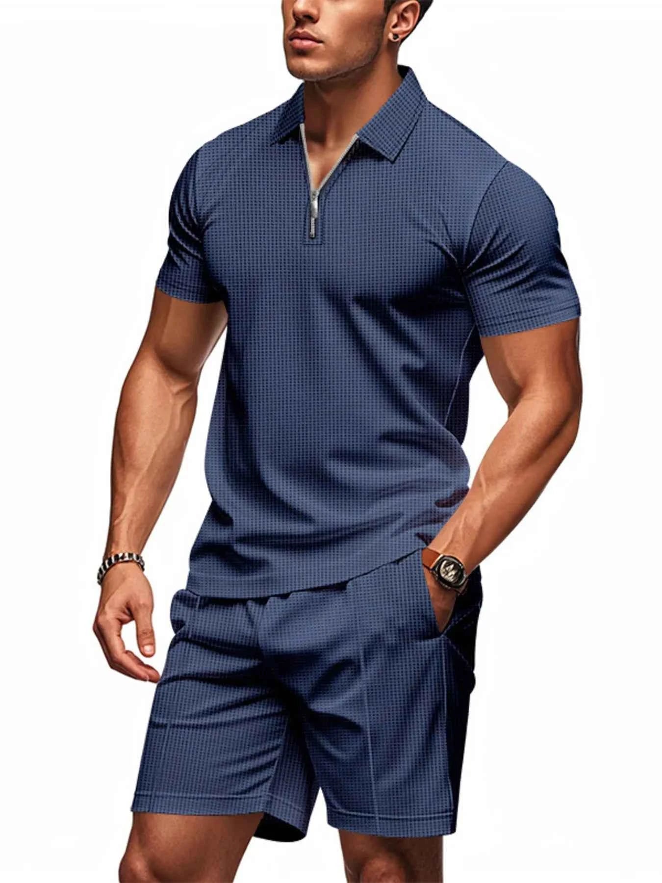 Men's Plus Size Quarter Zip Short Sleeve Top and Shorts Set - Mr Lou’s Place