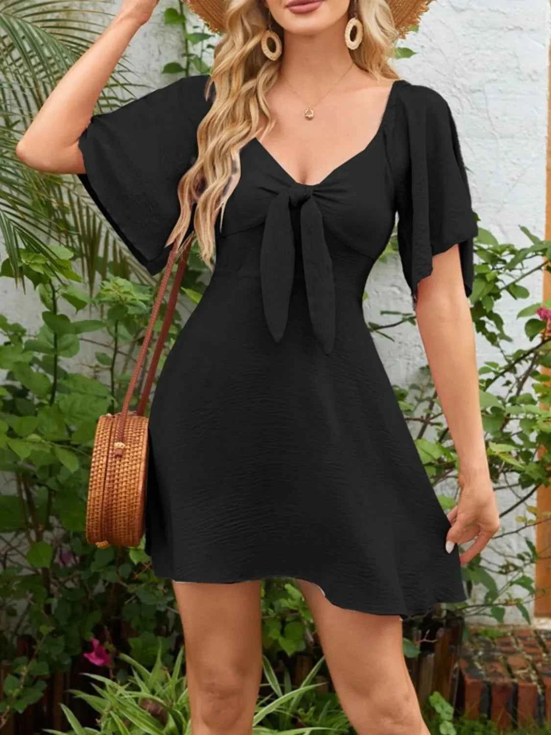 Smocked Back Knotted Flutter Sleeve Dress