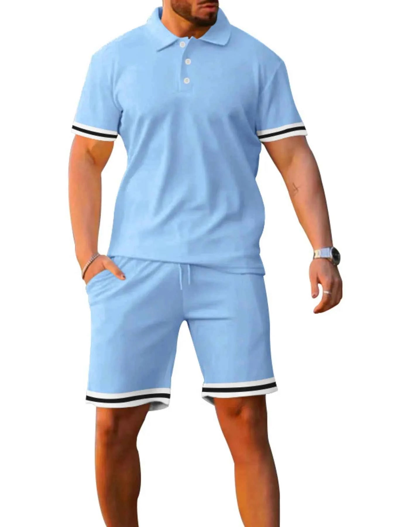 Men's Full Size Contrast Trim Polo and Shorts Set Plus Size - Mr Lou’s Place