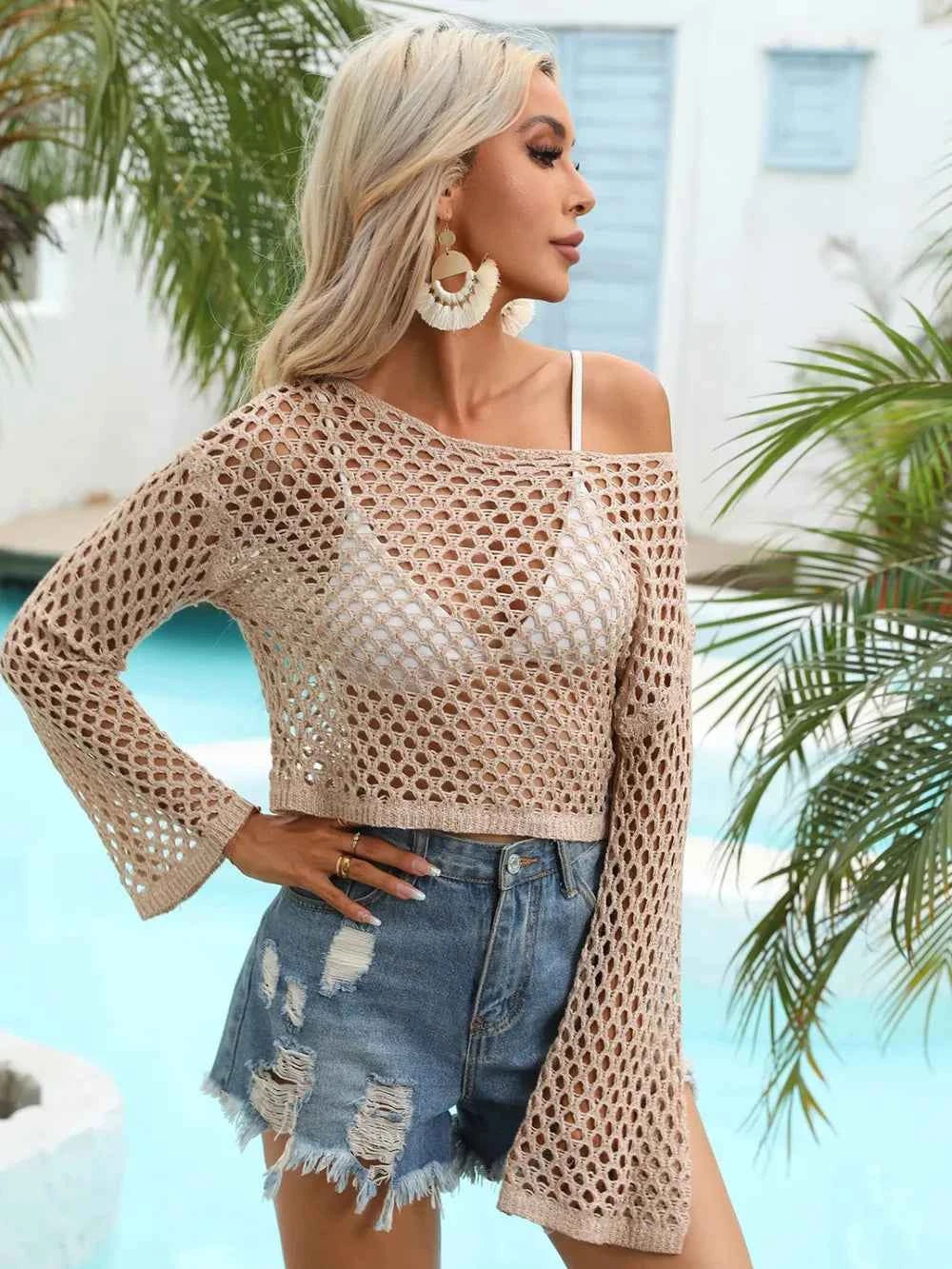 Hollow Out Boat Neck Flare Sleeve Cover-Up