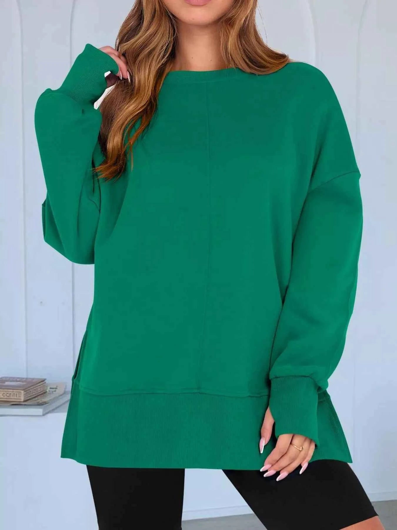 Side Slit Round Neck Long Sleeve Sweatshirt - Mr Lou’s Place