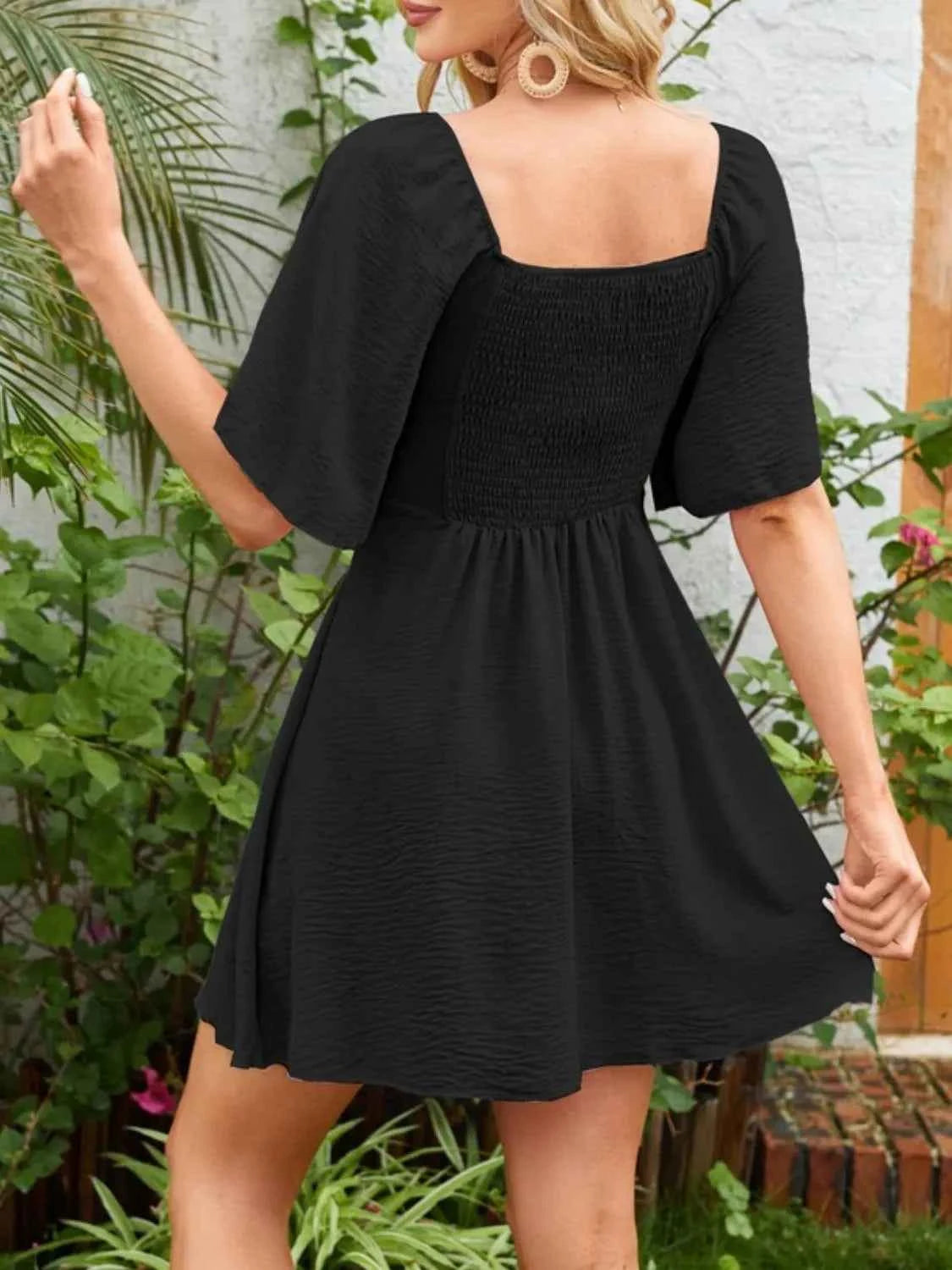 Smocked Back Knotted Flutter Sleeve Dress