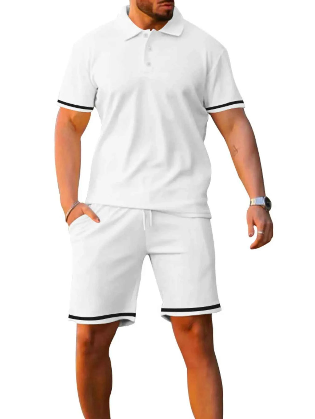 Men's Full Size Contrast Trim Polo and Shorts Set Plus Size - Mr Lou’s Place