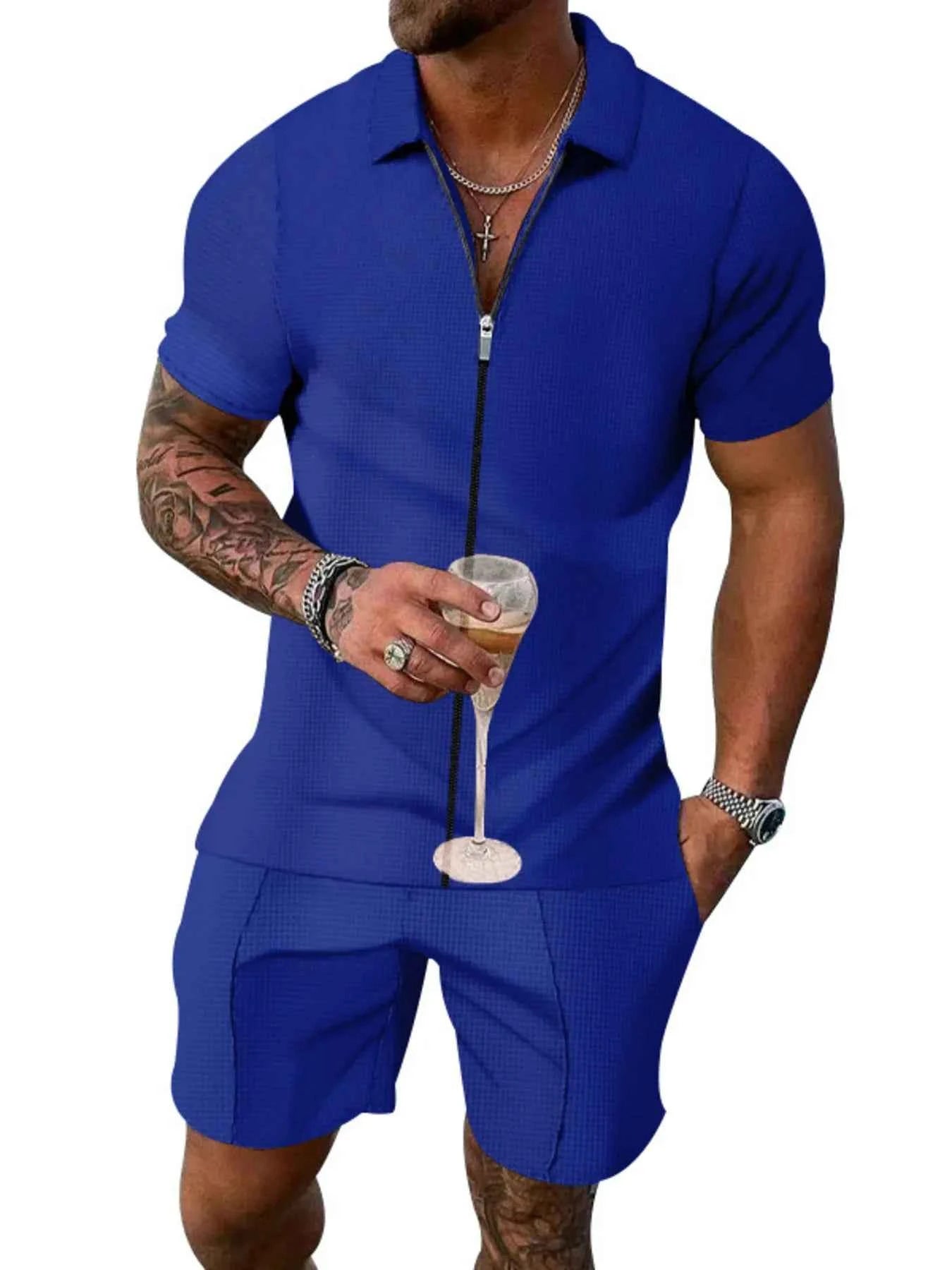 Men's Plus Size Zip Up Short Sleeve Top and Shorts Set - Mr Lou’s Place