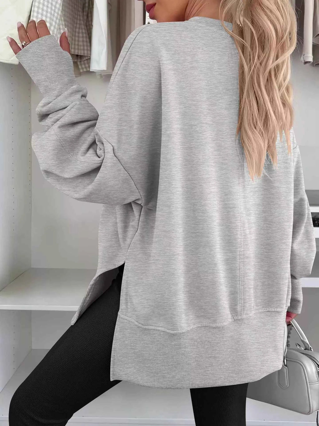 Side Slit Round Neck Long Sleeve Sweatshirt - Mr Lou’s Place