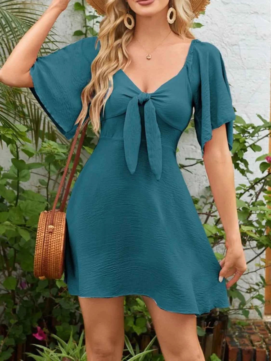 Smocked Back Knotted Flutter Sleeve Dress