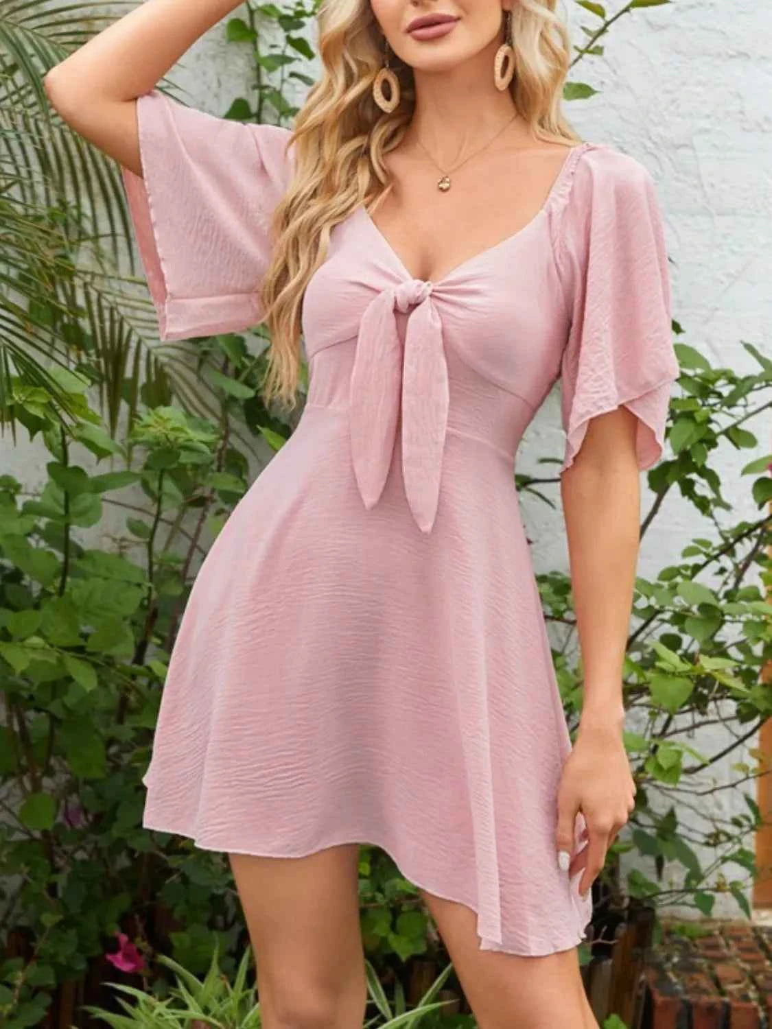 Smocked Back Knotted Flutter Sleeve Dress