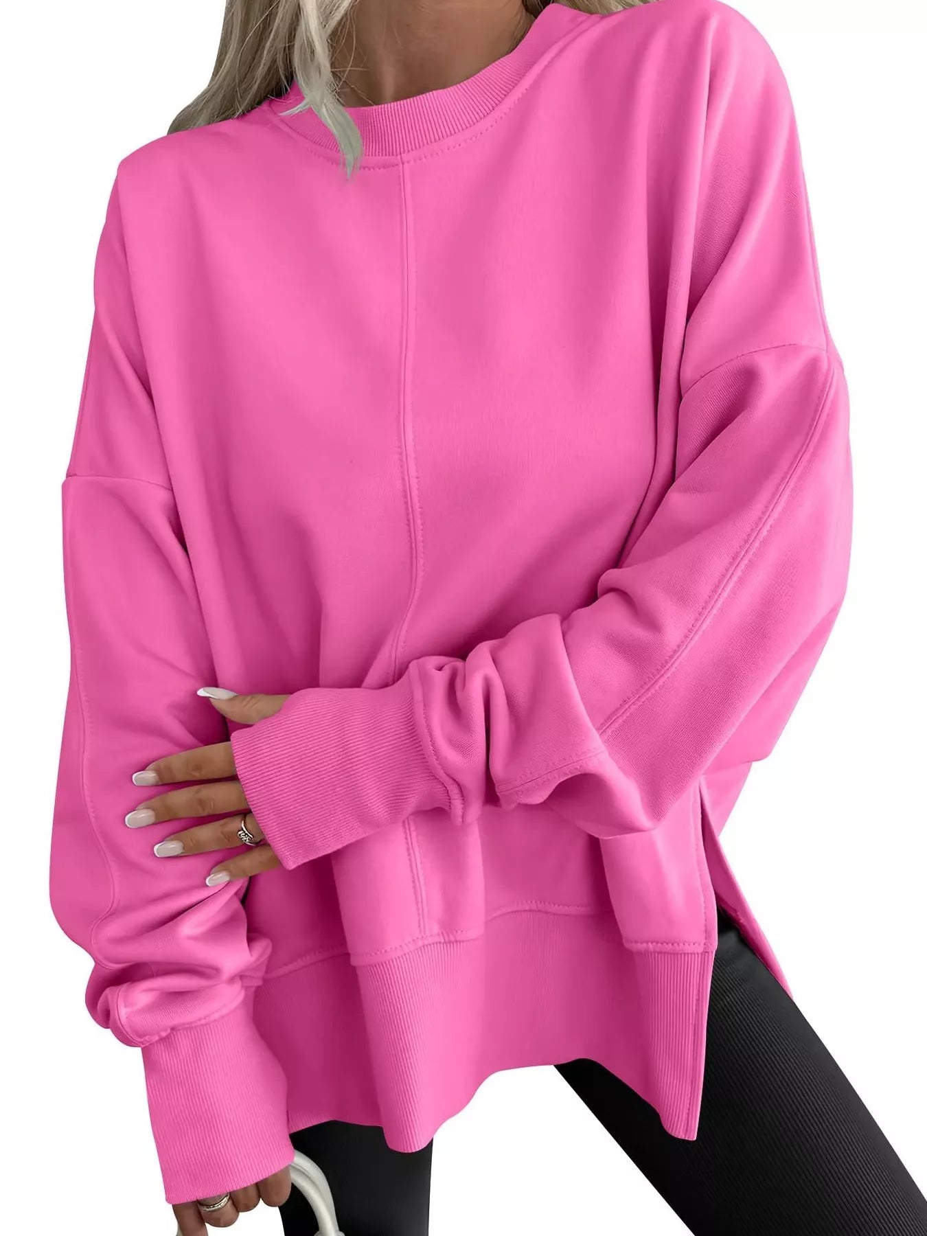 Side Slit Round Neck Long Sleeve Sweatshirt - Mr Lou’s Place