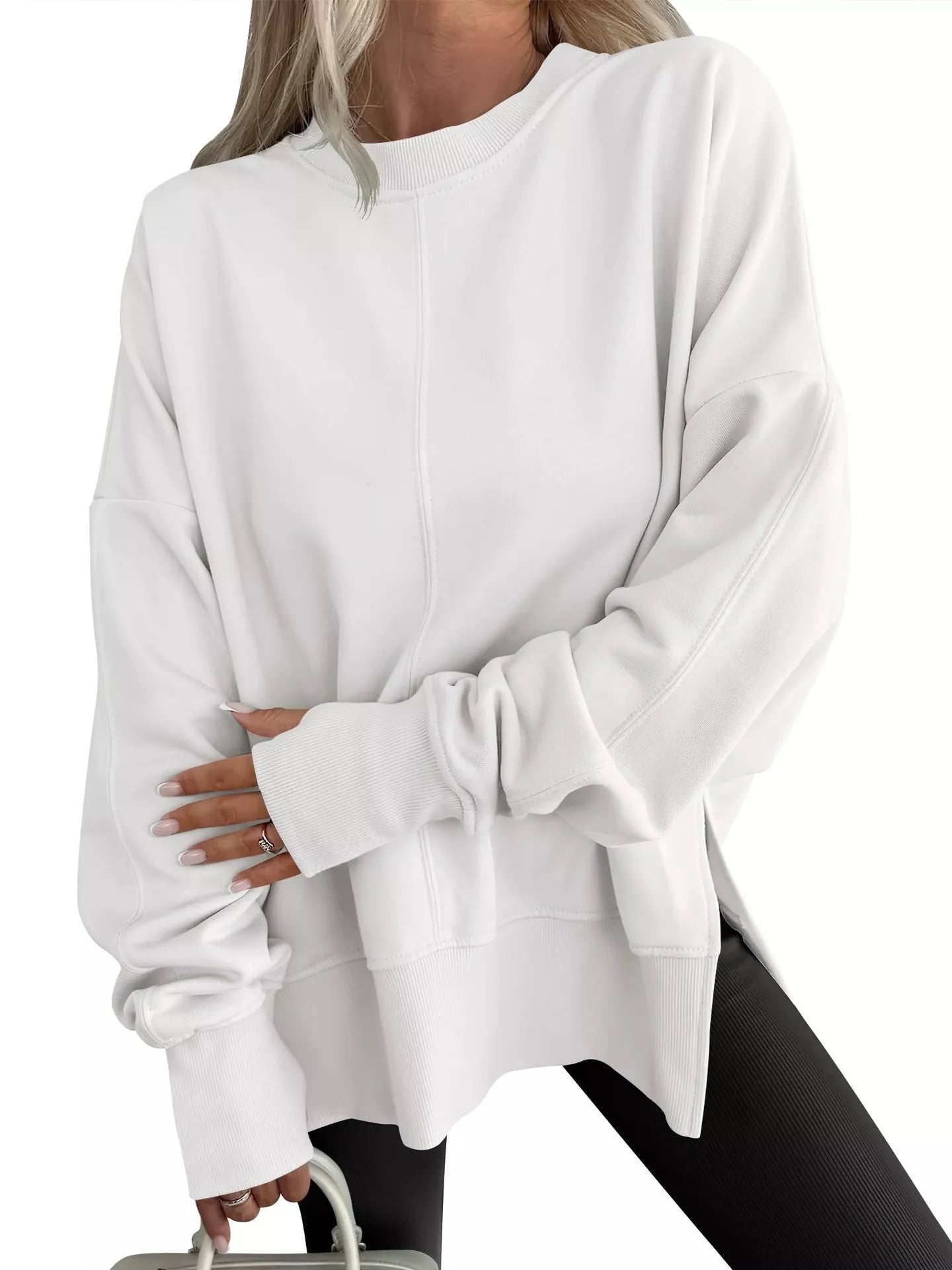 Side Slit Round Neck Long Sleeve Sweatshirt - Mr Lou’s Place