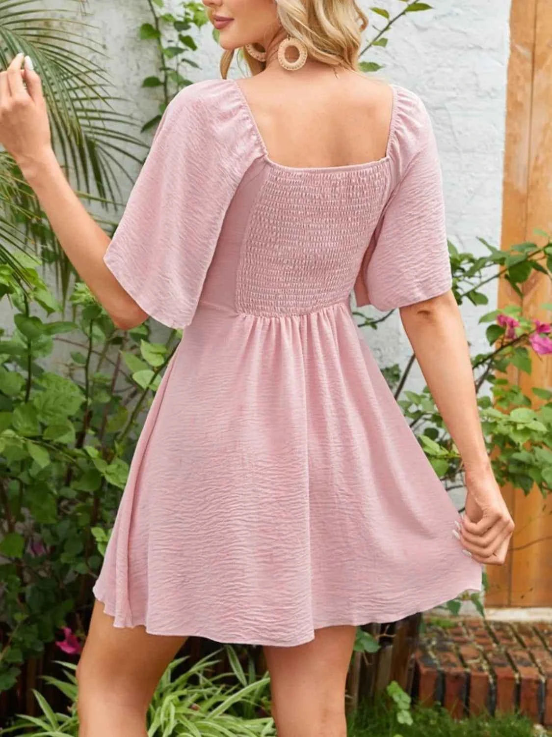 Smocked Back Knotted Flutter Sleeve Dress