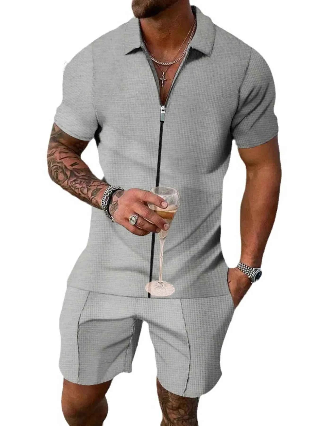 Men's Plus Size Zip Up Short Sleeve Top and Shorts Set - Mr Lou’s Place