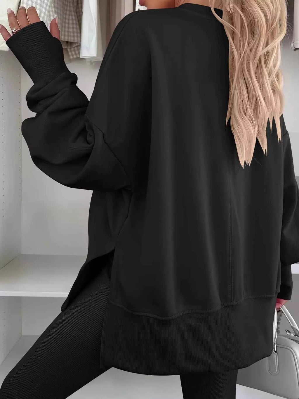 Side Slit Round Neck Long Sleeve Sweatshirt - Mr Lou’s Place