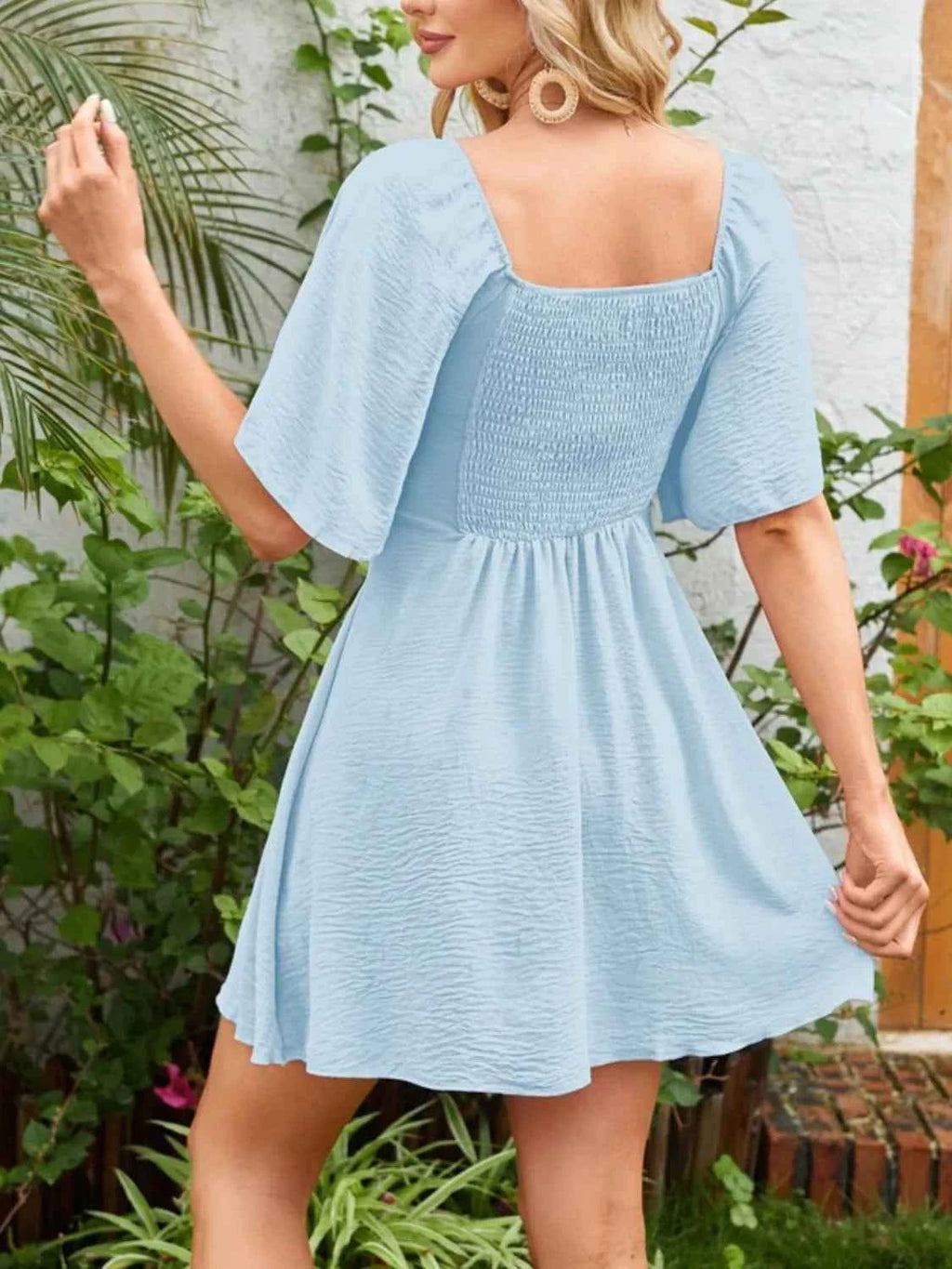 Smocked Back Knotted Flutter Sleeve Dress