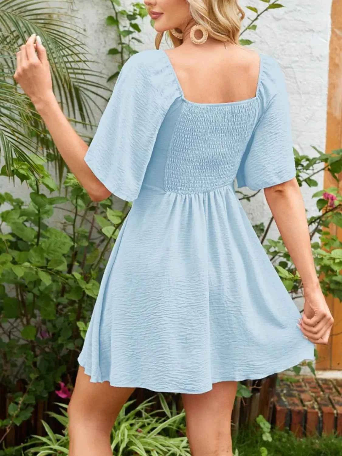 Smocked Back Knotted Flutter Sleeve Dress