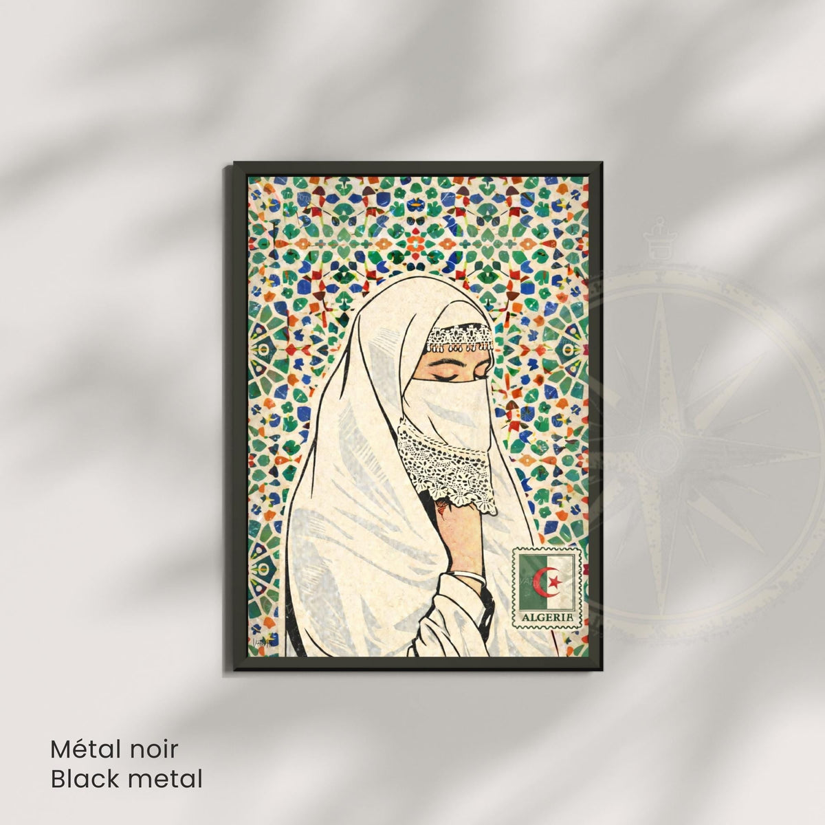 Affiche Femme Algérienne – Art Oriental & Zellige – Illustration Murale Algérie – Décoration Culturelle Maghreb – Poster Vintage VintyArty