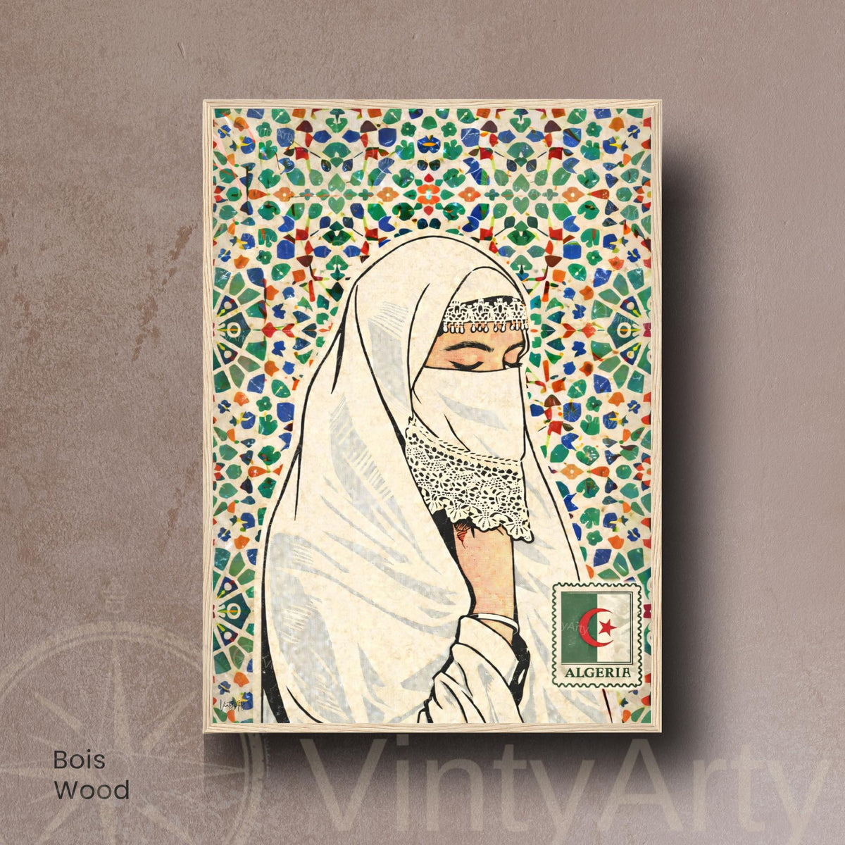 Affiche Femme Algérienne – Art Oriental & Zellige – Illustration Murale Algérie – Décoration Culturelle Maghreb – Poster Vintage VintyArty