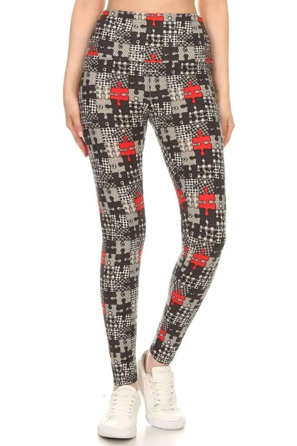 5 - inch Long Yoga Style Banded Lined Puzzle Printed Knit Legging With High Waist - Mr Lou’s Place