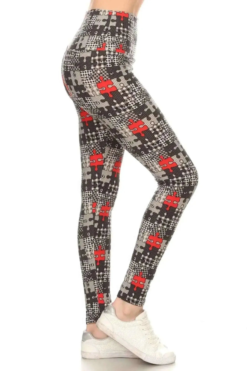 5 - inch Long Yoga Style Banded Lined Puzzle Printed Knit Legging With High Waist - Mr Lou’s Place