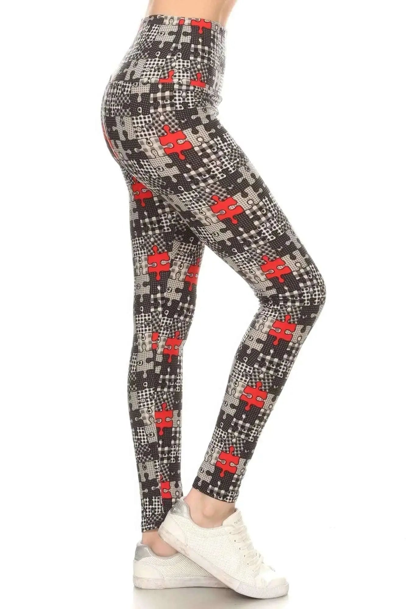 5 - inch Long Yoga Style Banded Lined Puzzle Printed Knit Legging With High Waist - Mr Lou’s Place