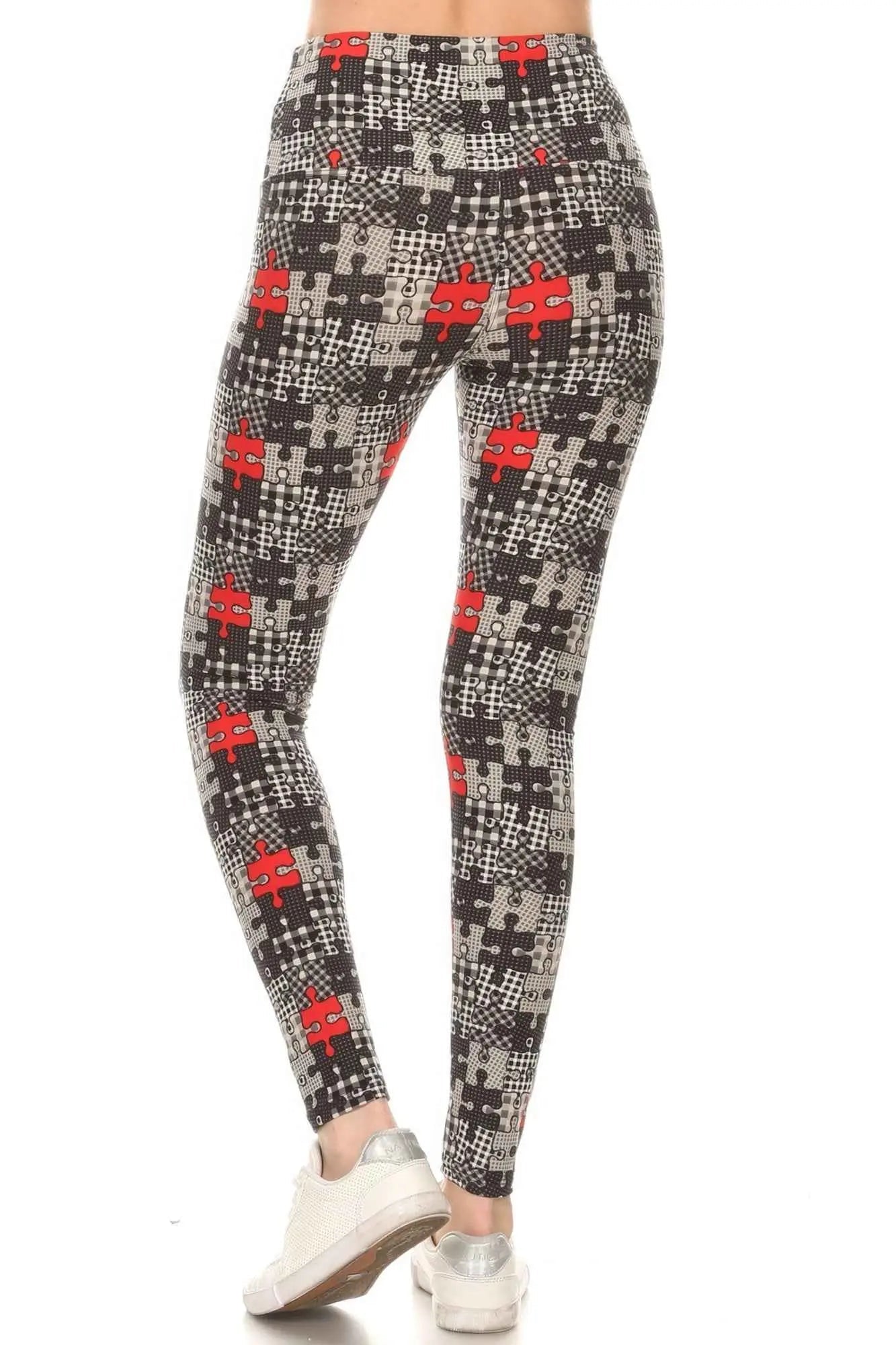 5 - inch Long Yoga Style Banded Lined Puzzle Printed Knit Legging With High Waist - Mr Lou’s Place