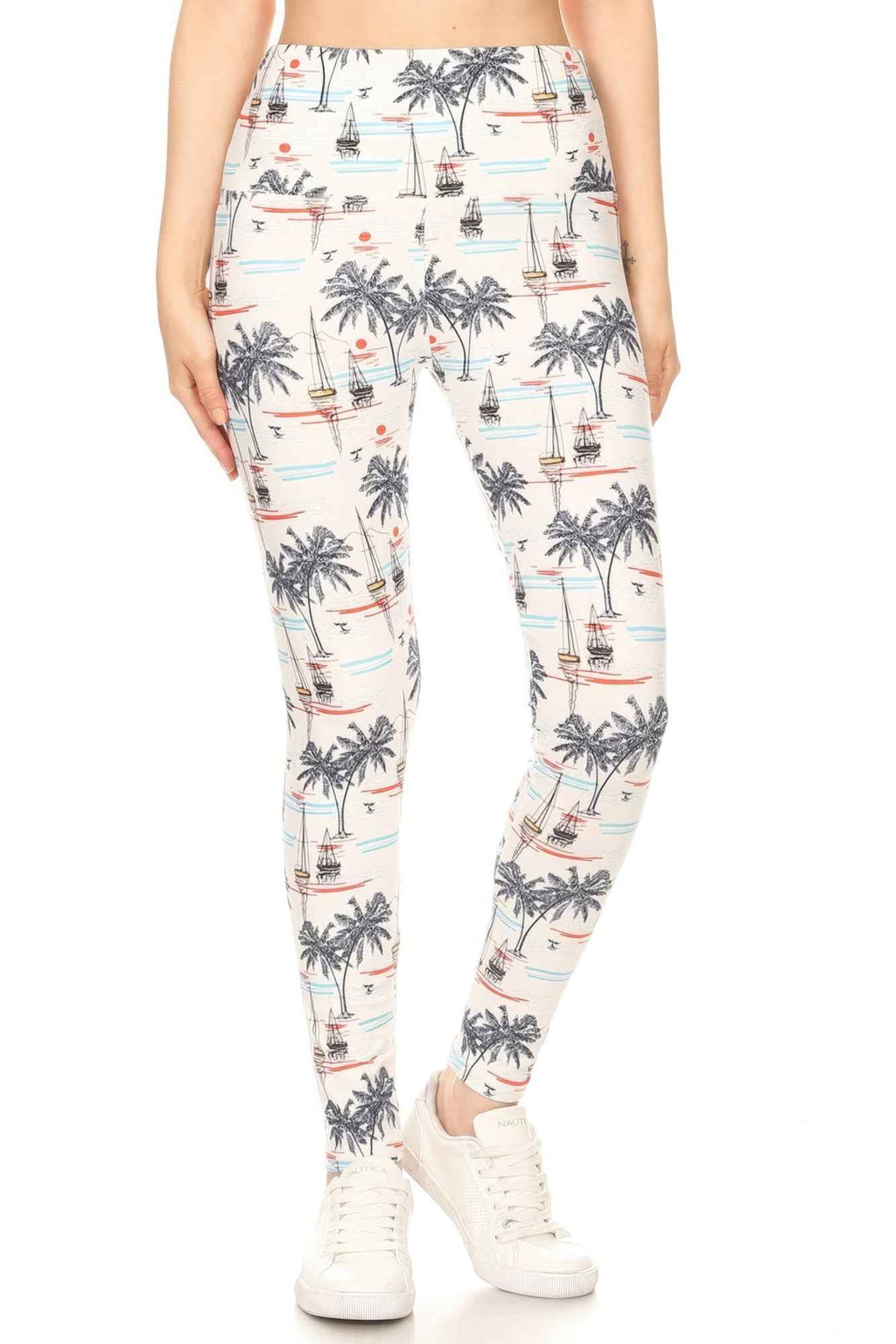 5 - inch Long Yoga Style Banded Lined Sailor Printed Knit Legging With High Waist - Mr Lou’s Place