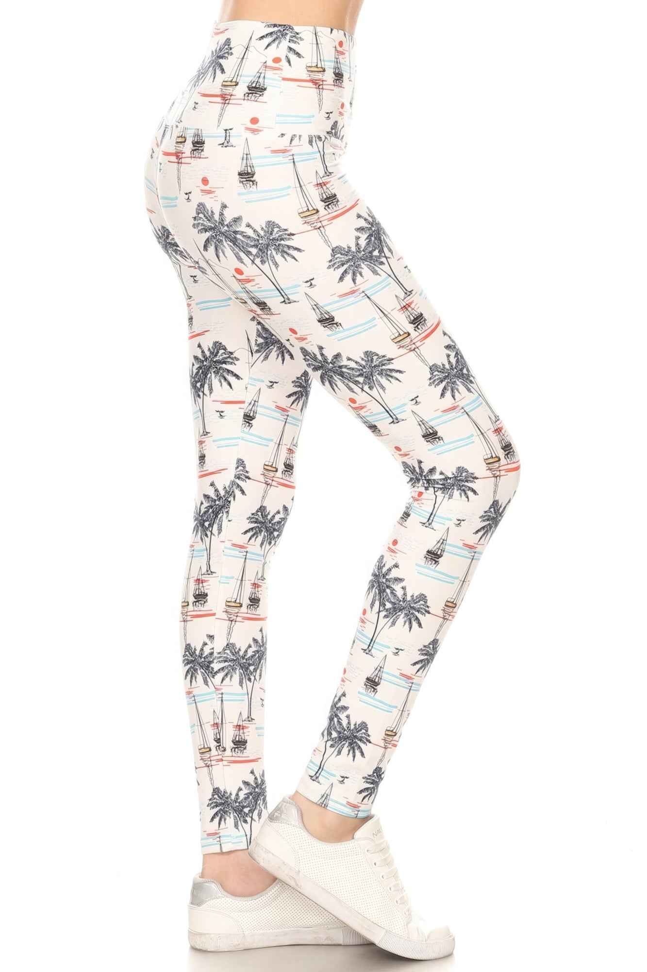 5 - inch Long Yoga Style Banded Lined Sailor Printed Knit Legging With High Waist - Mr Lou’s Place