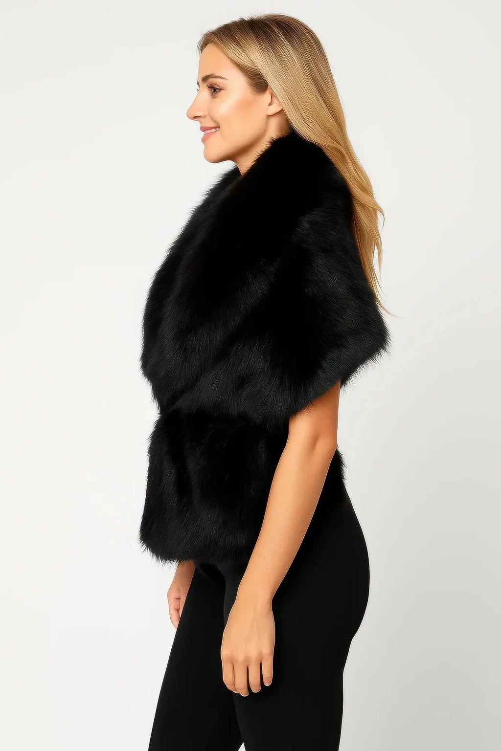 Black Sleeveless Faux Fur Vest With Cinched Waist - Mr Lou’s Place