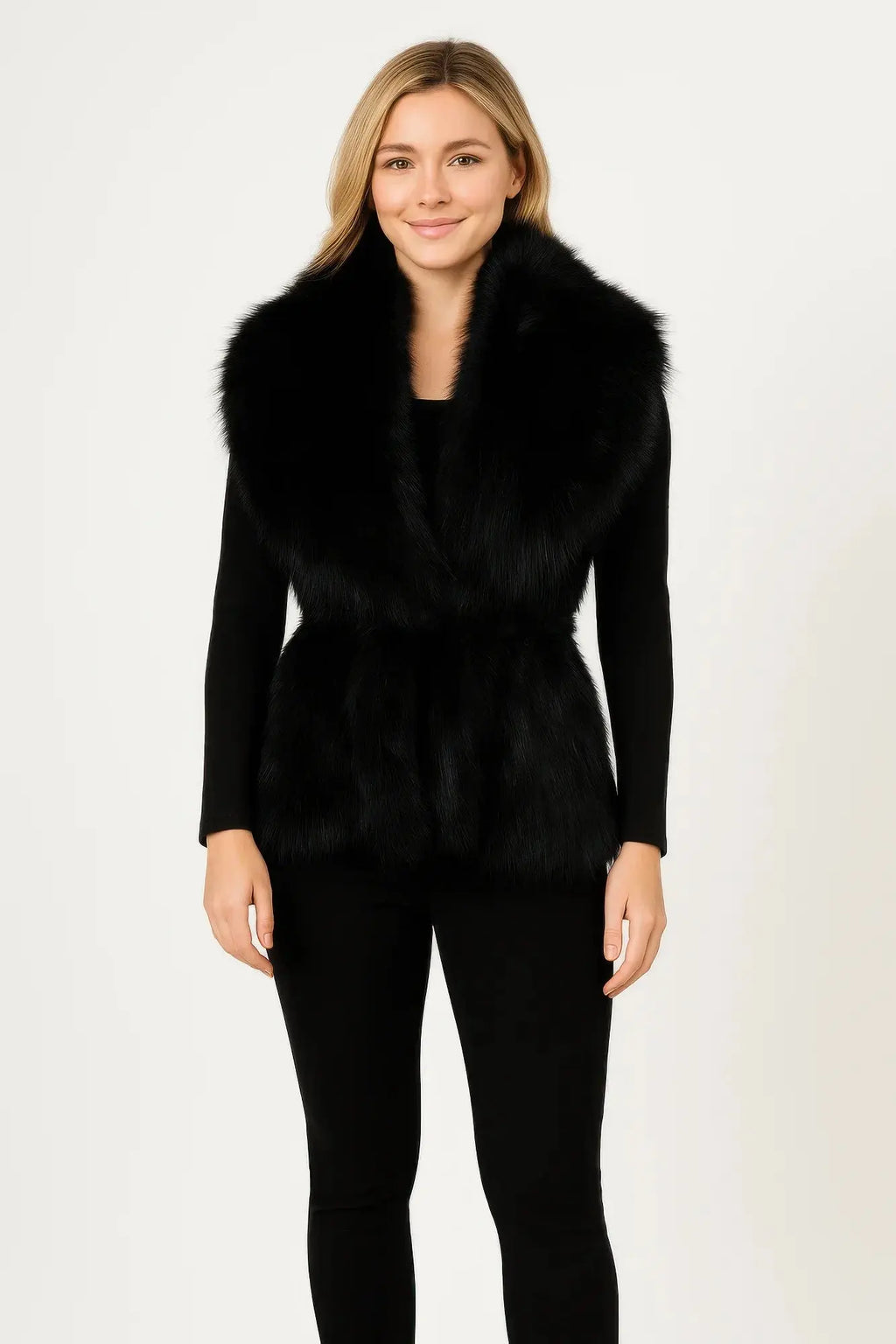 Black Sleeveless Faux Fur Vest With Cinched Waist - Mr Lou’s Place