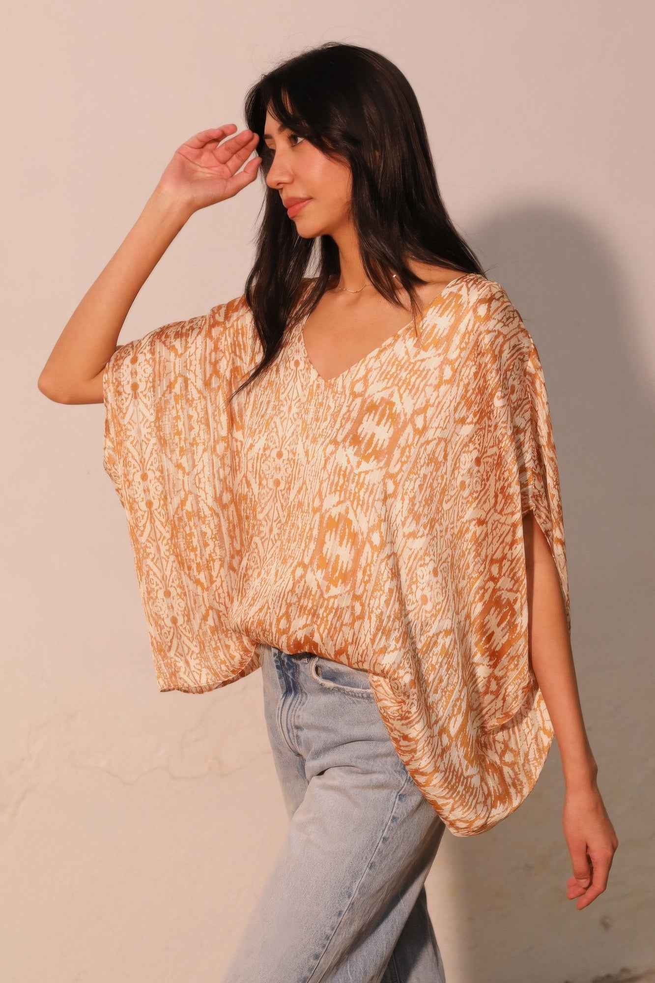 Bohemian Lurex Chiffon Caftan Top With Back Band - Mr Lou’s Place