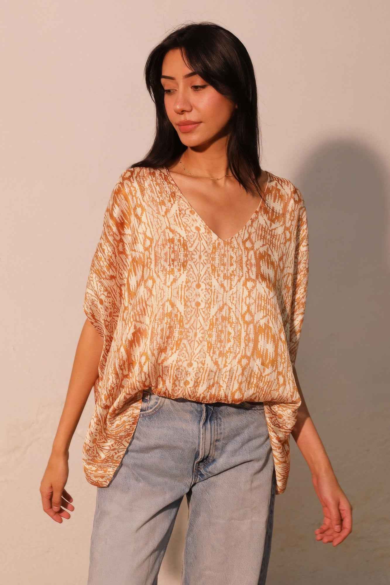 Bohemian Lurex Chiffon Caftan Top With Back Band - Mr Lou’s Place