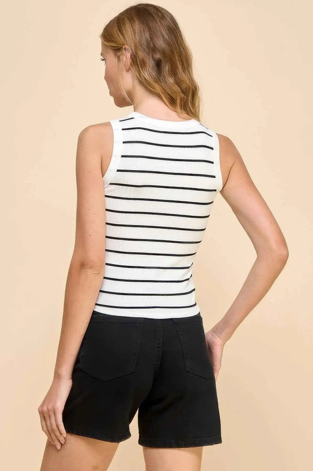 Button Detail Contrast Binding Stripe Tank Top - Mr Lou’s Place