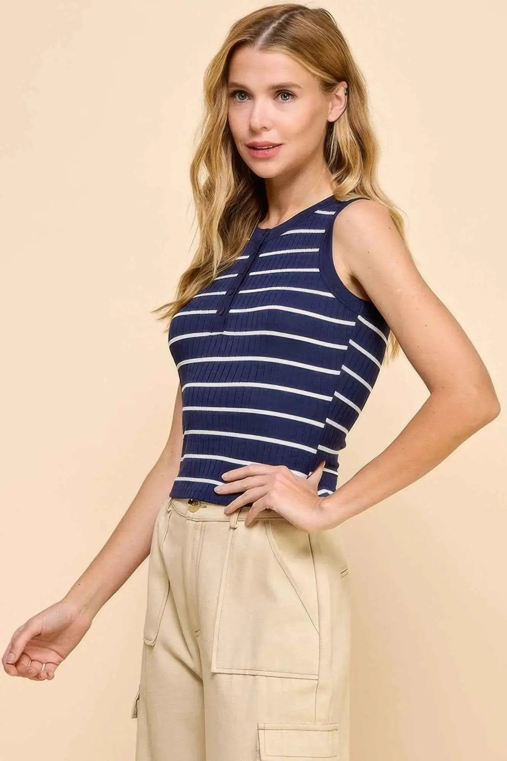 Button Detail Contrast Binding Stripe Tank Top - Mr Lou’s Place