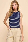 Button Detail Contrast Binding Stripe Tank Top - Mr Lou’s Place