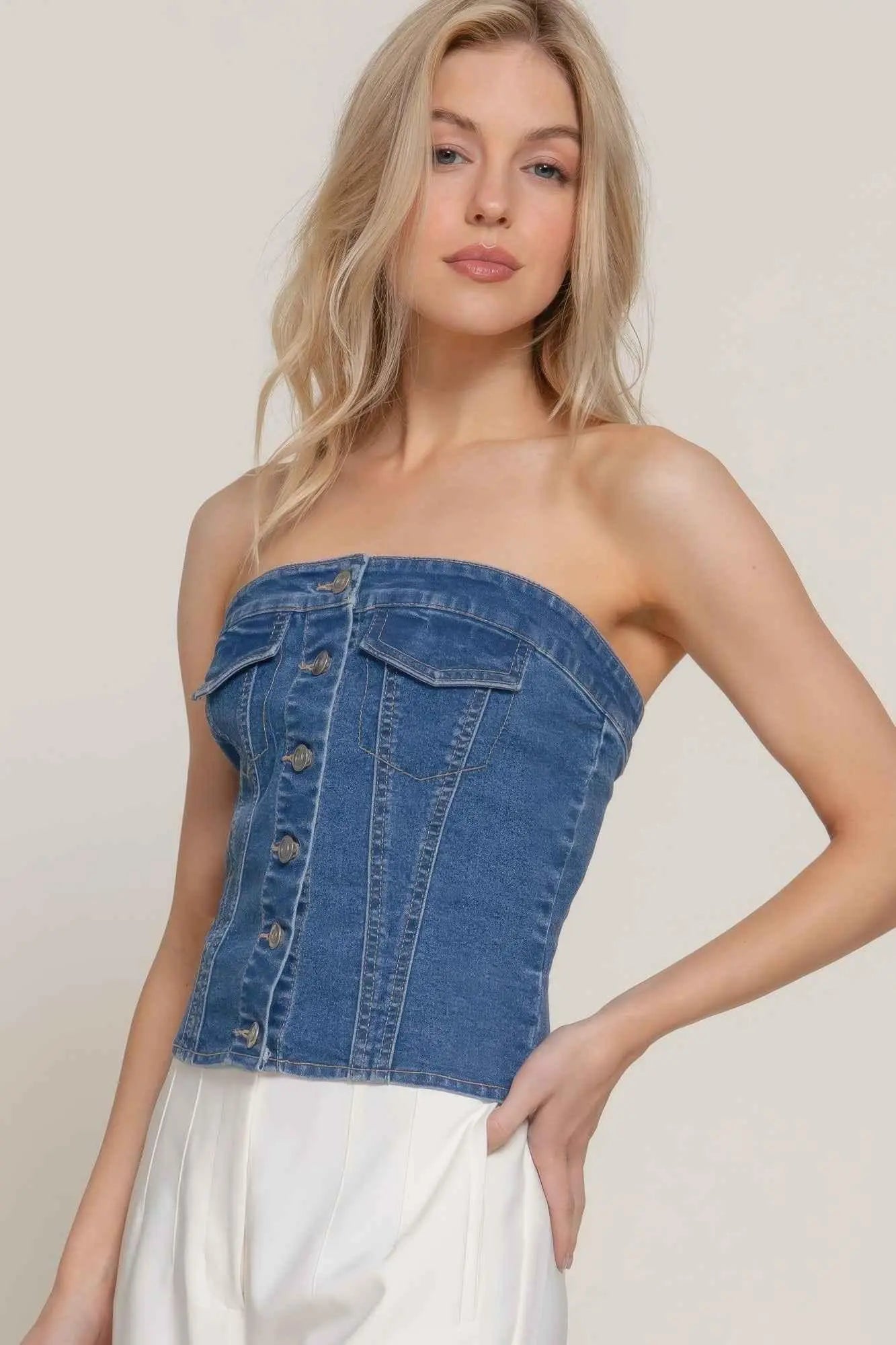 Button Down Placket Stretch Denim Tube Top - Mr Lou’s Place
