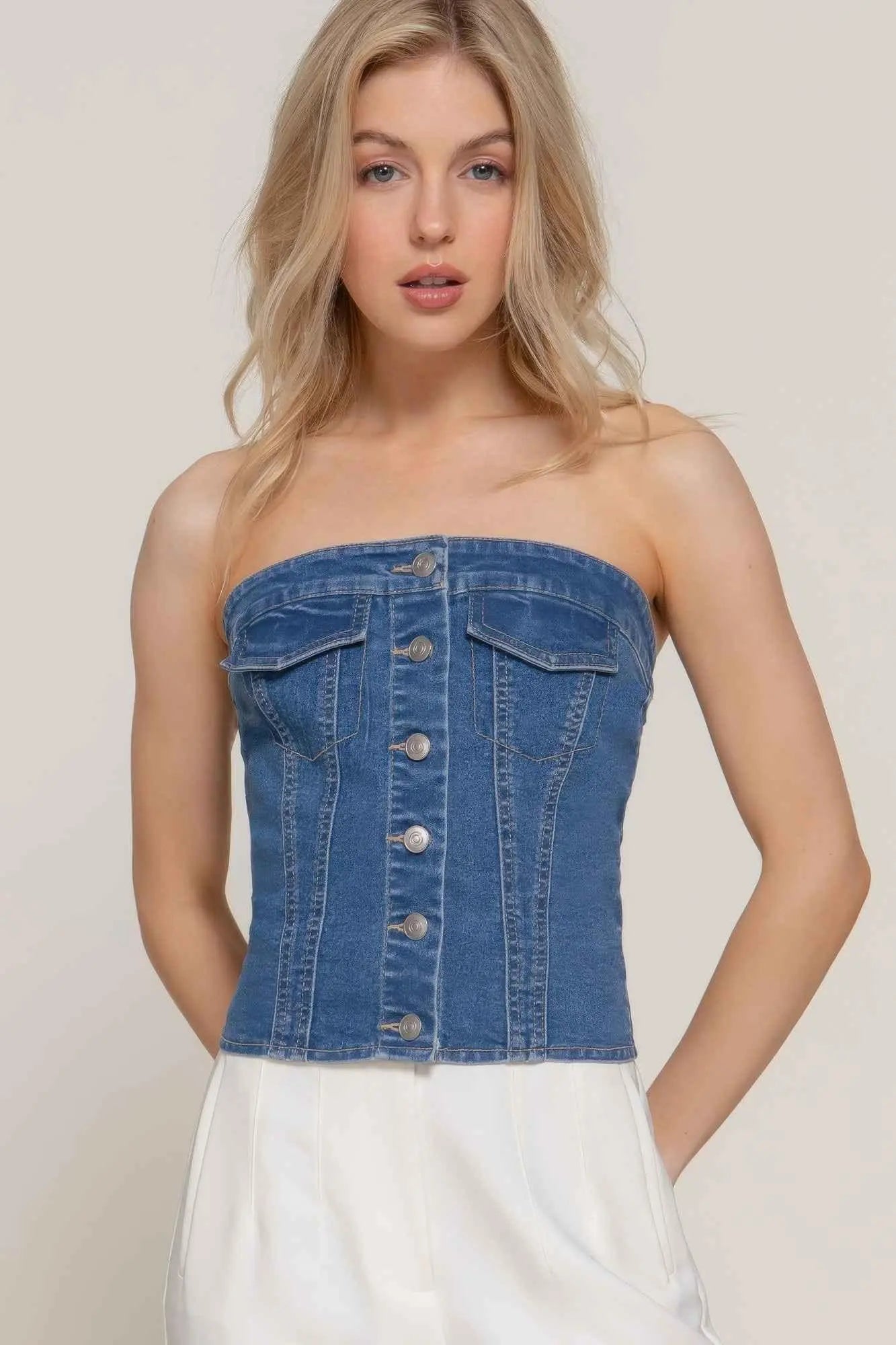 Button Down Placket Stretch Denim Tube Top - Mr Lou’s Place