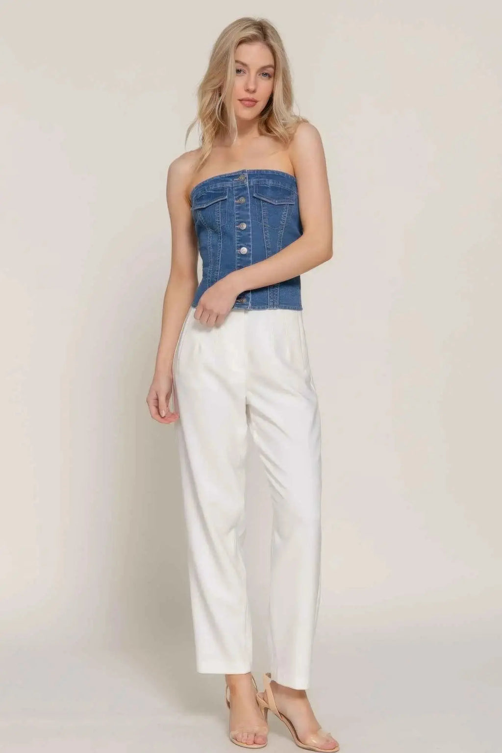 Button Down Placket Stretch Denim Tube Top - Mr Lou’s Place