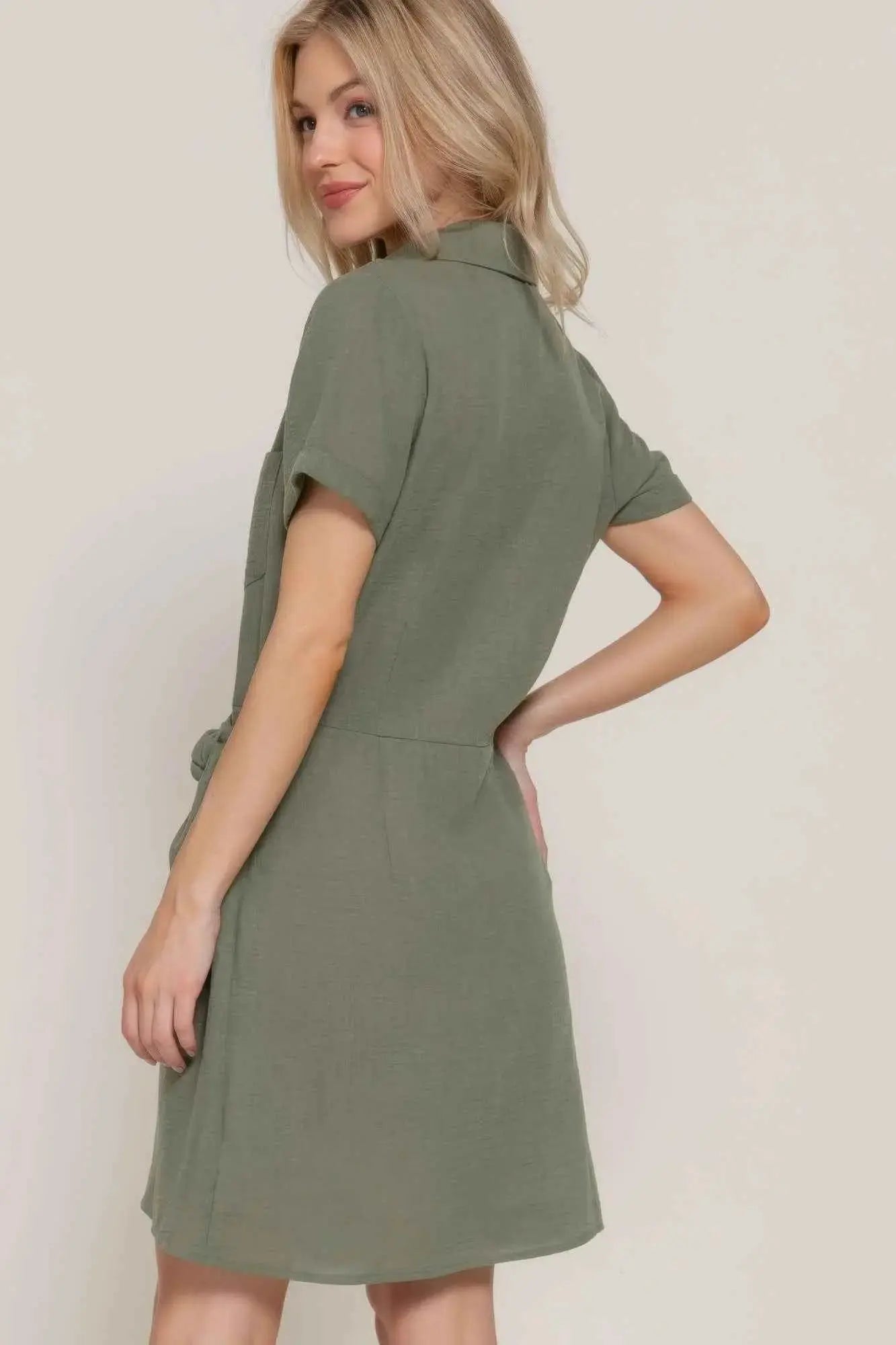 Button Down Side Bow Linen Effect Mini Dress - Mr Lou’s Place