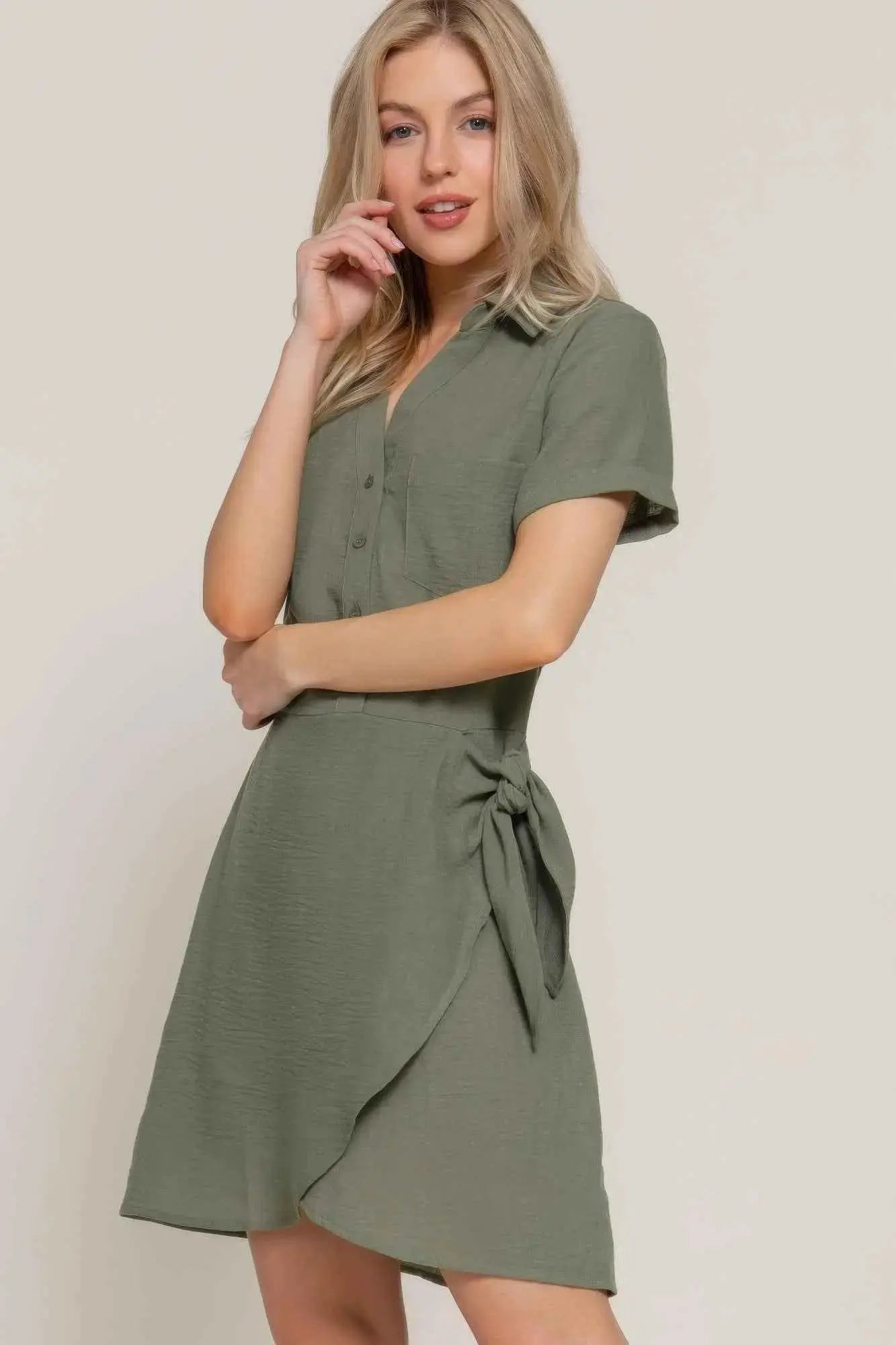 Button Down Side Bow Linen Effect Mini Dress - Mr Lou’s Place